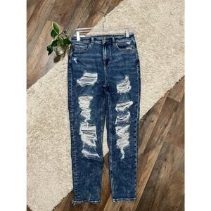 American Eagle Size 4 Regular Acid Wash Stretch Distressed High Rise Mom Jeans